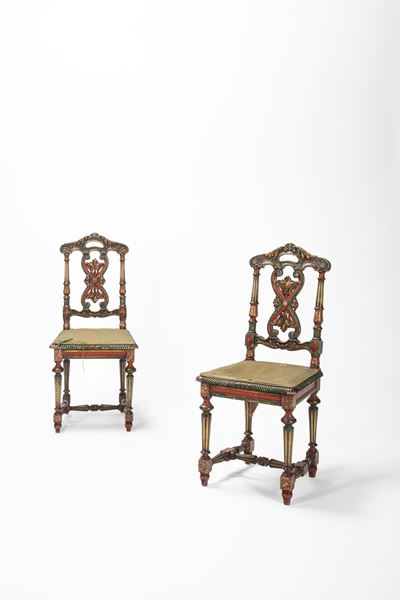 Coppia di sedie, legno scolpito e dipinto, secolo XIX