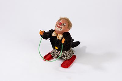 Clown acrobata a molla (carica a molleggio), anni 1950