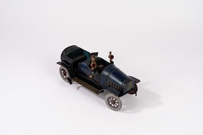 Autovettura coupé in latta litografata, meccanismo a carica a molla, 1900s