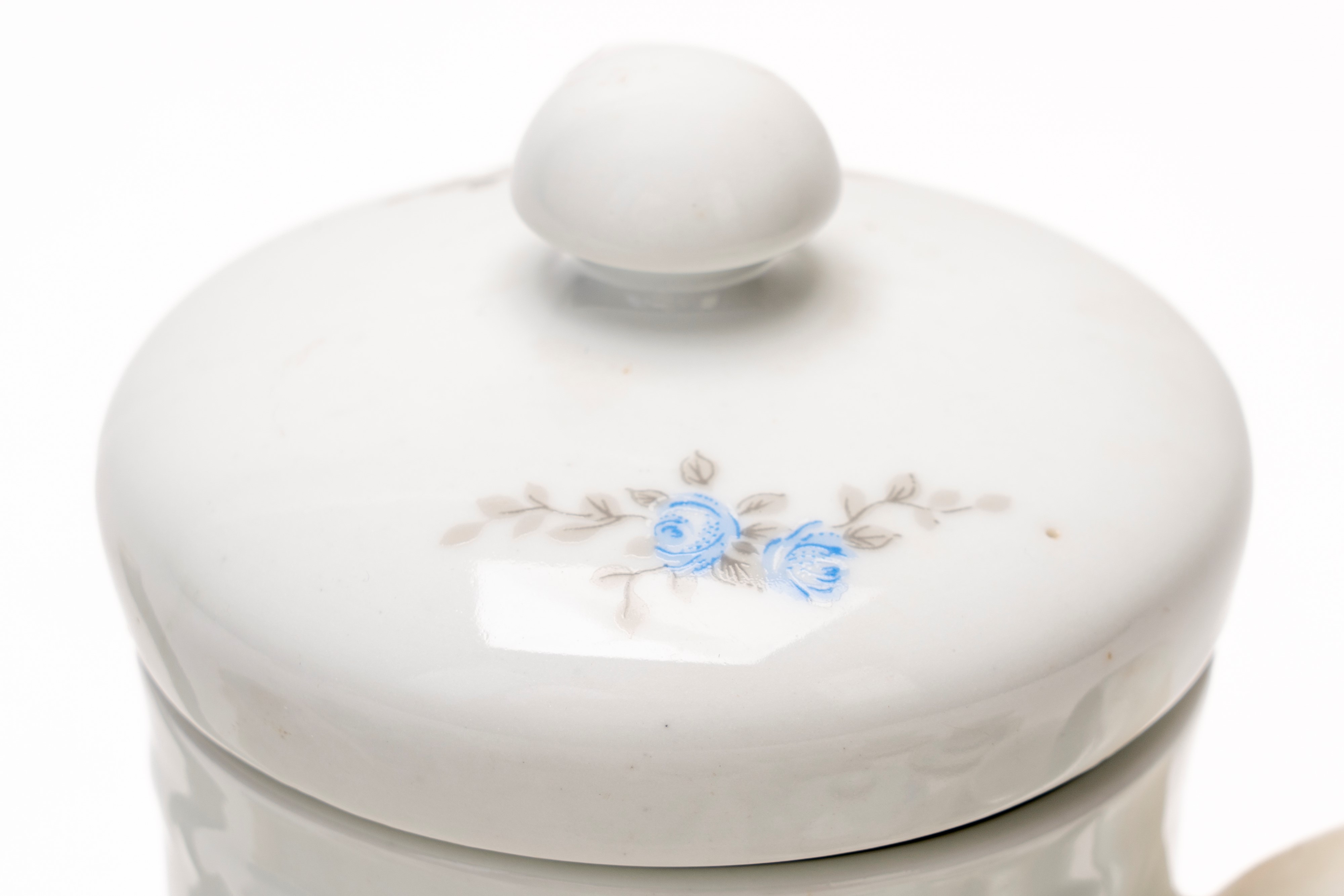 Servizio da caffè con tazzine e accessori, decorazione floreale a rose blu (Colditz, Germania Est...