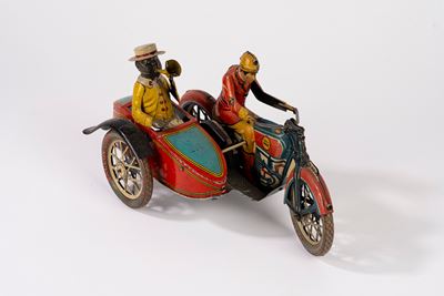 Motocicletta con sidecar, in latta litografata, anni 1930