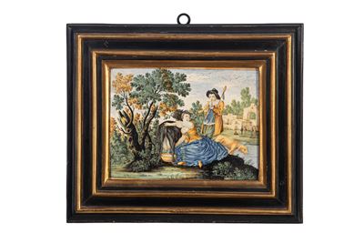 Bottega Gentili, Mattonella in maiolica policroma con scena pastorale