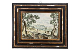 Historiated polychrome majolica tile. Castelli, 18th century.