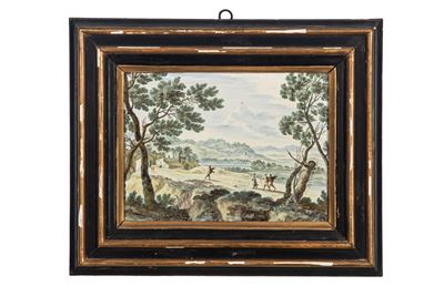 Maiolica policroma istoriata, Mattonella con paesaggio agreste (Castelli, secolo XVIII)