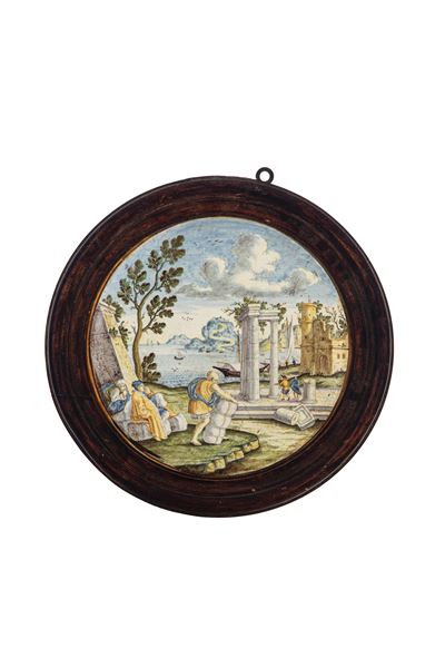 Castelli (ambito della bottega di Francesco Antonio Saverio Grue), Tondo in maiolica policroma is...