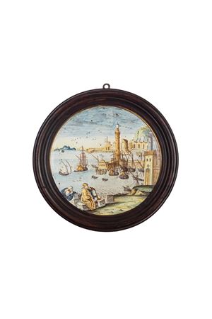Tondo in maiolica policroma istoriata. Ambito della bottega di Francesco Antonio Saverio Grue, Castelli, secolo XVIII.