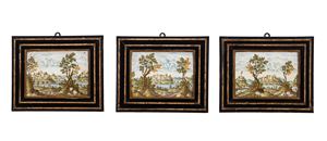 Three polychrome historiated majolica tiles. Castelli, attributed to the workshop of Nicola Tommaso Grue, second half of the 18th century.