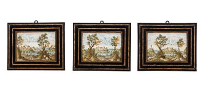 Bottega di Nicola Tommaso Grue, Tre mattonelle in maiolica policroma istoriata con paesaggio fluv...