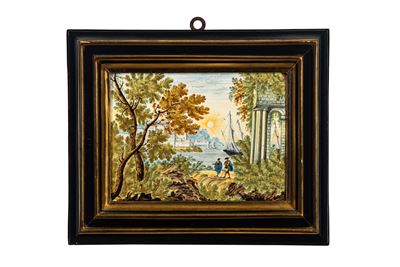 Attribuito alla bottega di Nicola Cappelletti, Mattonella istoriata in maiolica policroma (Castel...