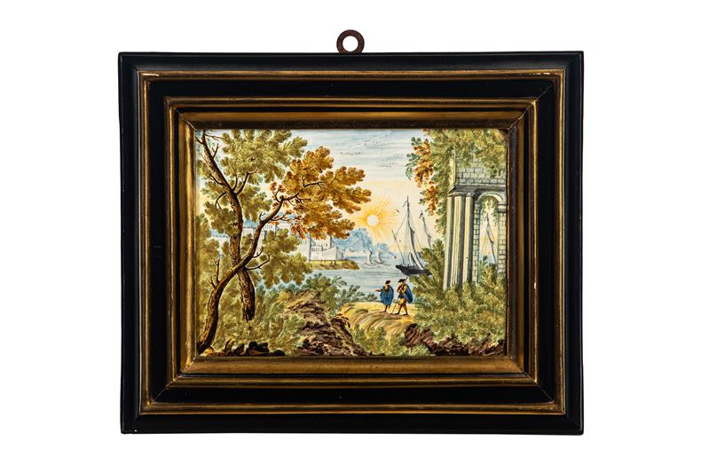 Attribuito alla bottega di Nicola Cappelletti, Mattonella istoriata in maiolica policroma (Castel...