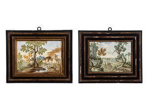 Two polychrome majolica tiles depicting rural landscapes with farmhouses and wayfarers. Castles, 18th century. 