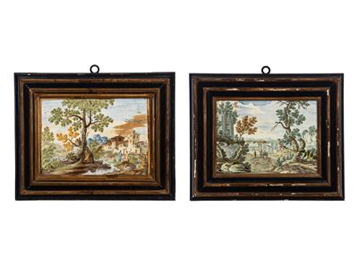Maiolica policroma, due mattonelle istoriated con paesaggi agresti e figure (secolo XVIII)