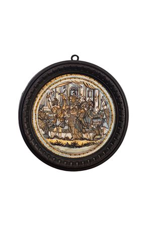 Alzata in maiolica policroma istoriata. Castelli, nei modi di Francesco Grue. 