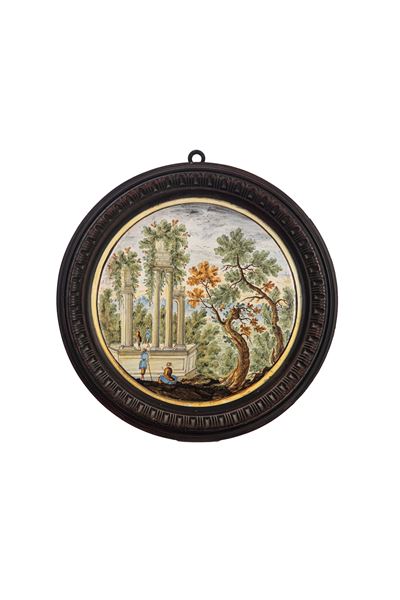 Castelli, Tondo in maiolica policroma istoriata (nei modi di Nicola Cappelletti), fine secolo XVI...