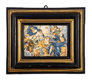 Polychrome majolica tile depicting the Glory of Saint Mark the Evangelist. Castelli, Gentili Workshop, 18th century.