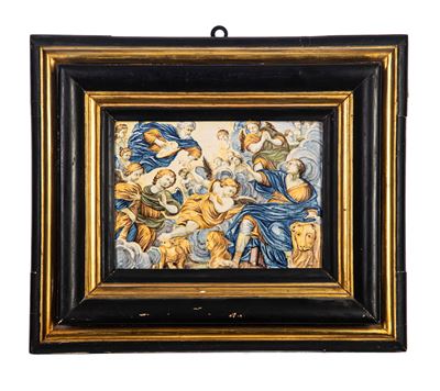 Bottega Gentili di Castelli, Mattonella istoriata in maiolica policroma raffigurante Gloria di Sa...