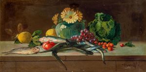 Natura morta con frutta, fiori e pesci