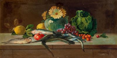 Natura morta con frutta, fiori e pesci