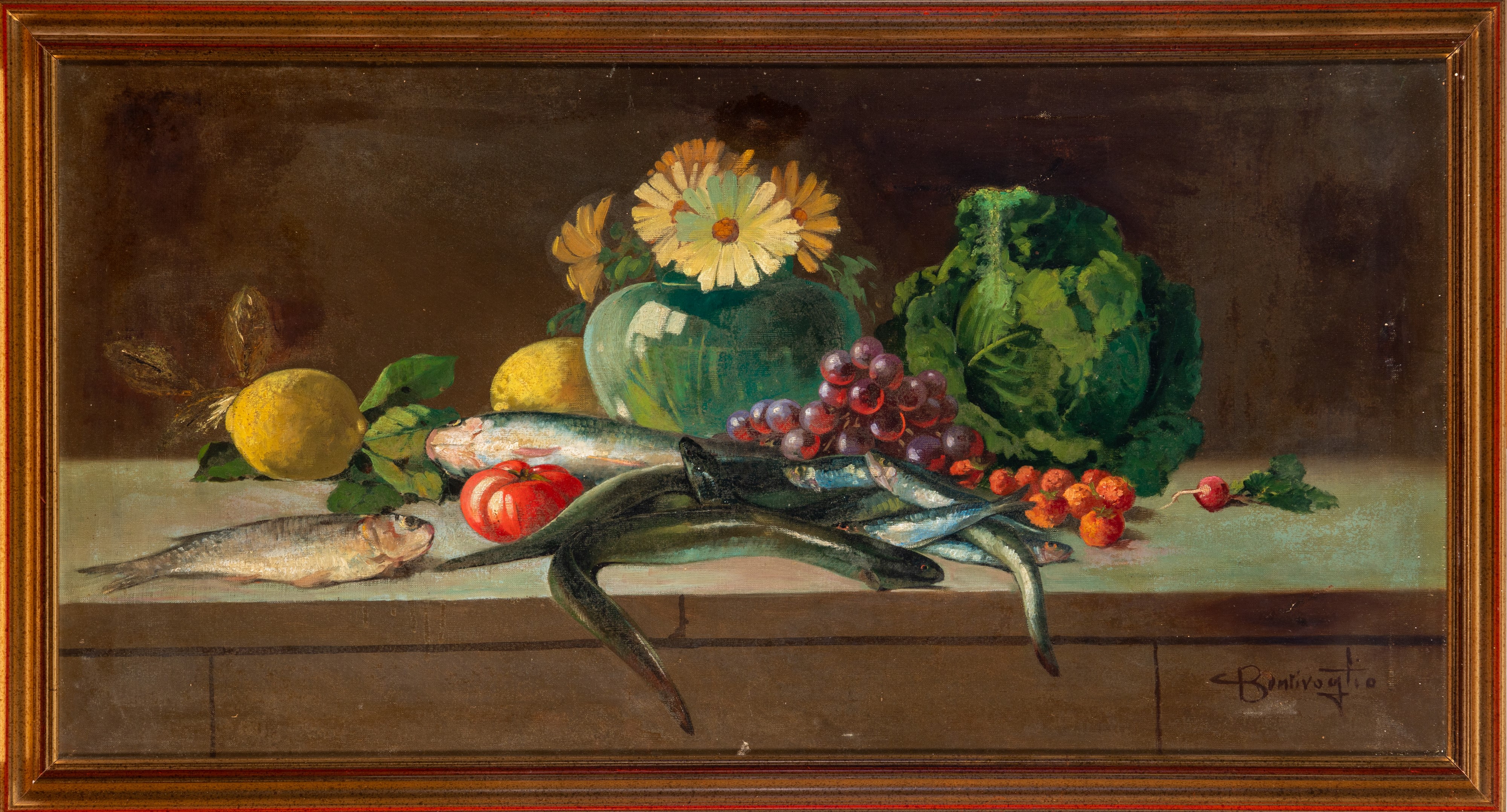 Cesare Bentivoglio - Natura morta con frutta, fiori e pesci
