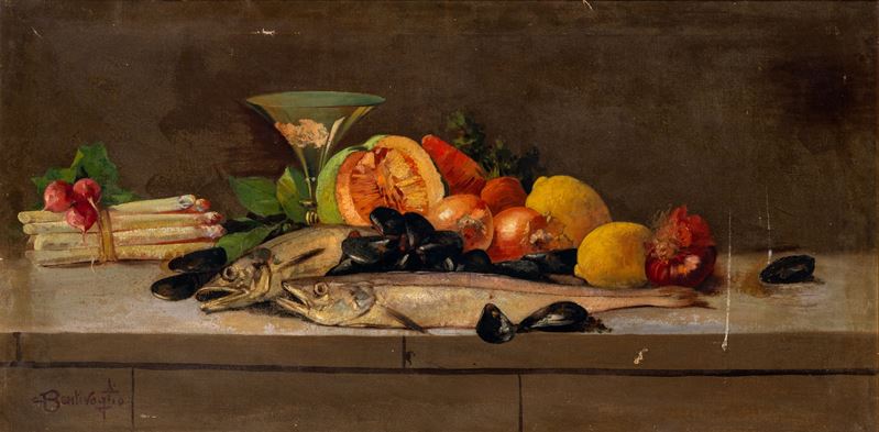 Cesare Bentivoglio - Natura morta con pesci, frutta e calice in vetro