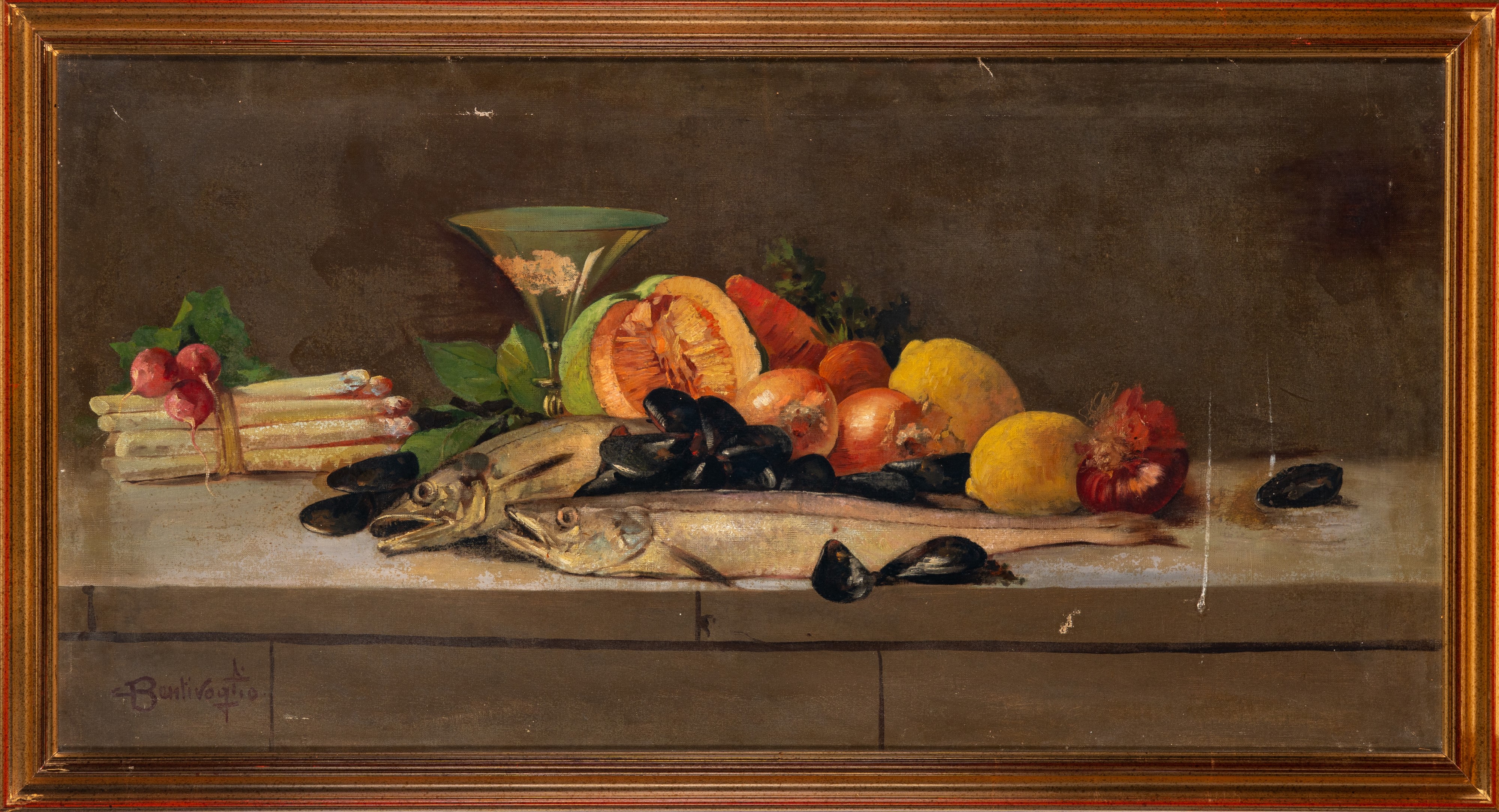 Cesare Bentivoglio - Natura morta con pesci, frutta e calice in vetro