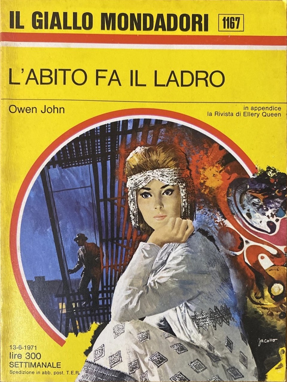 Carlo Jacono - Il Giallo Mondadori — L’abito fa il ladro, tempera e collage su cartone (1971)