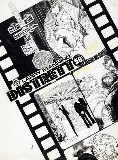 Distretto 56 – pagina/cover per episodio (titolo di testata), matita e china su cartoncino, 1974