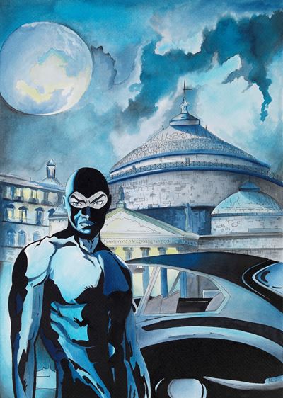 Illustrazione originale, Diabolik al Pantheon, china e acquerello su cartoncino