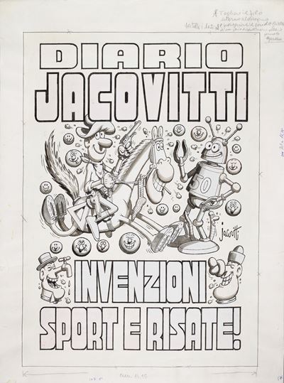 Diario Jacovitti: invenzioni, sport e risate — copertina, matita e china su cartoncino