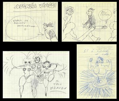 Quattro disegni con figure femminili, biro su carta