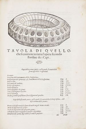 L'opera in parte deriva dalla produzione di precedenti teorici della prospettiva, in particolare da "Unterweysung der Messung" di Durer, pubblicato in tedesco nel 1525 e in latino nel 1532, da cui è tratta, ad esempio, l'immagine che illustra lo strumento per disegnare in prospettiva a carta 2A2r. Tra le incisioni create appositamente per quest'opera segnaliamo il nuovo tipo di strumento di misurazione inventato da Giacomo Fusto Castriotto a carta 2A4r e i magnifici frontalini tridimensionali. Di questa edizione esistono varie emissioni. La copia presente ha la data 1568 al frontespizio e 1569 al colophon. Adams B-171; Berlin Kat. 4694; Brunet I, 644; Cicognara 809; Fowler 36; Gamba 1233. La pratica della perspettiva