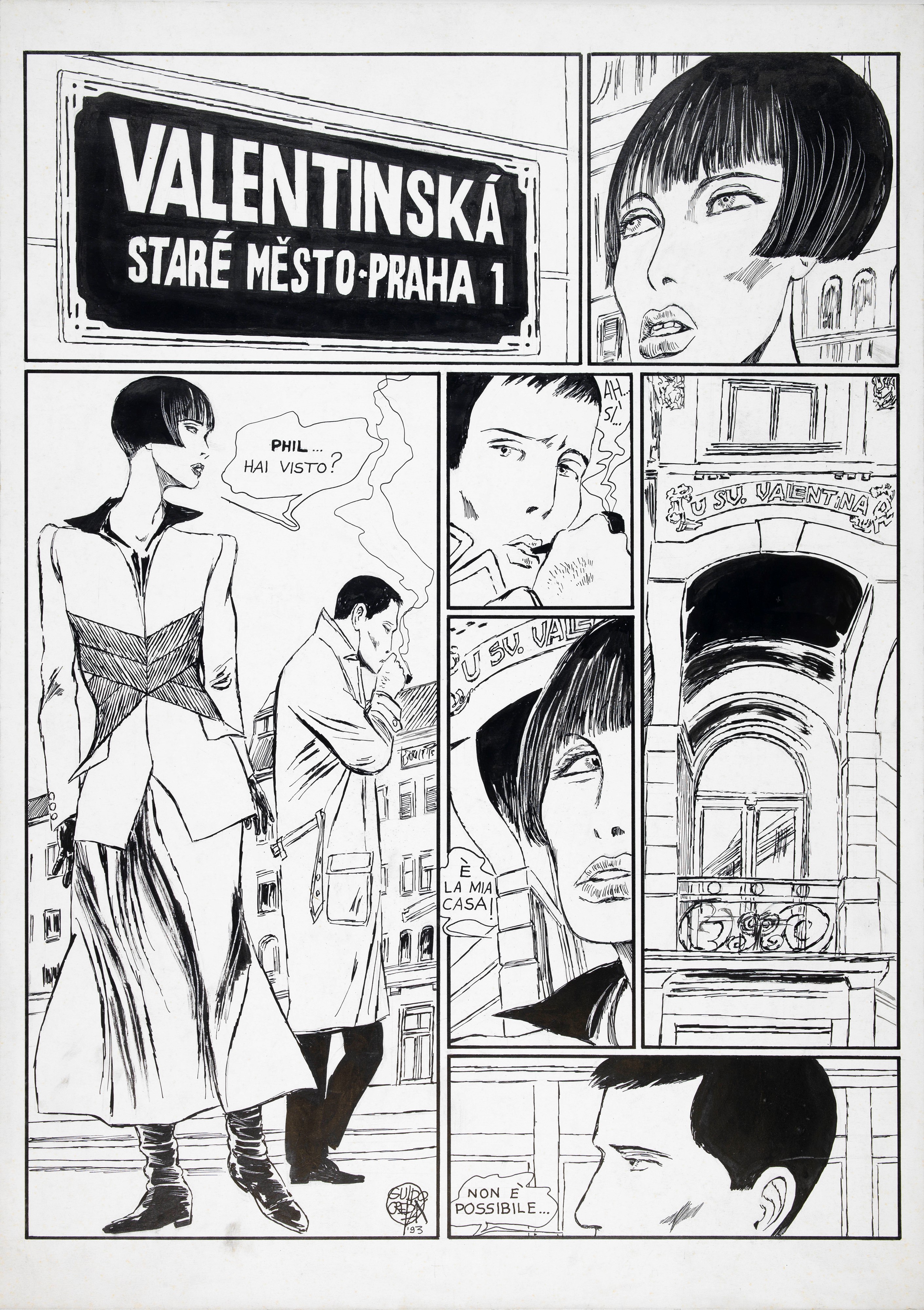 Guido Crepax - Valentina a Praga (Valentinska) — matita e china su cartone, 1993
