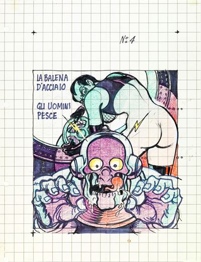 Necron n. 4 — preliminare di copertina, matita, pastelli e pennarello su carta a quadretti (1993)