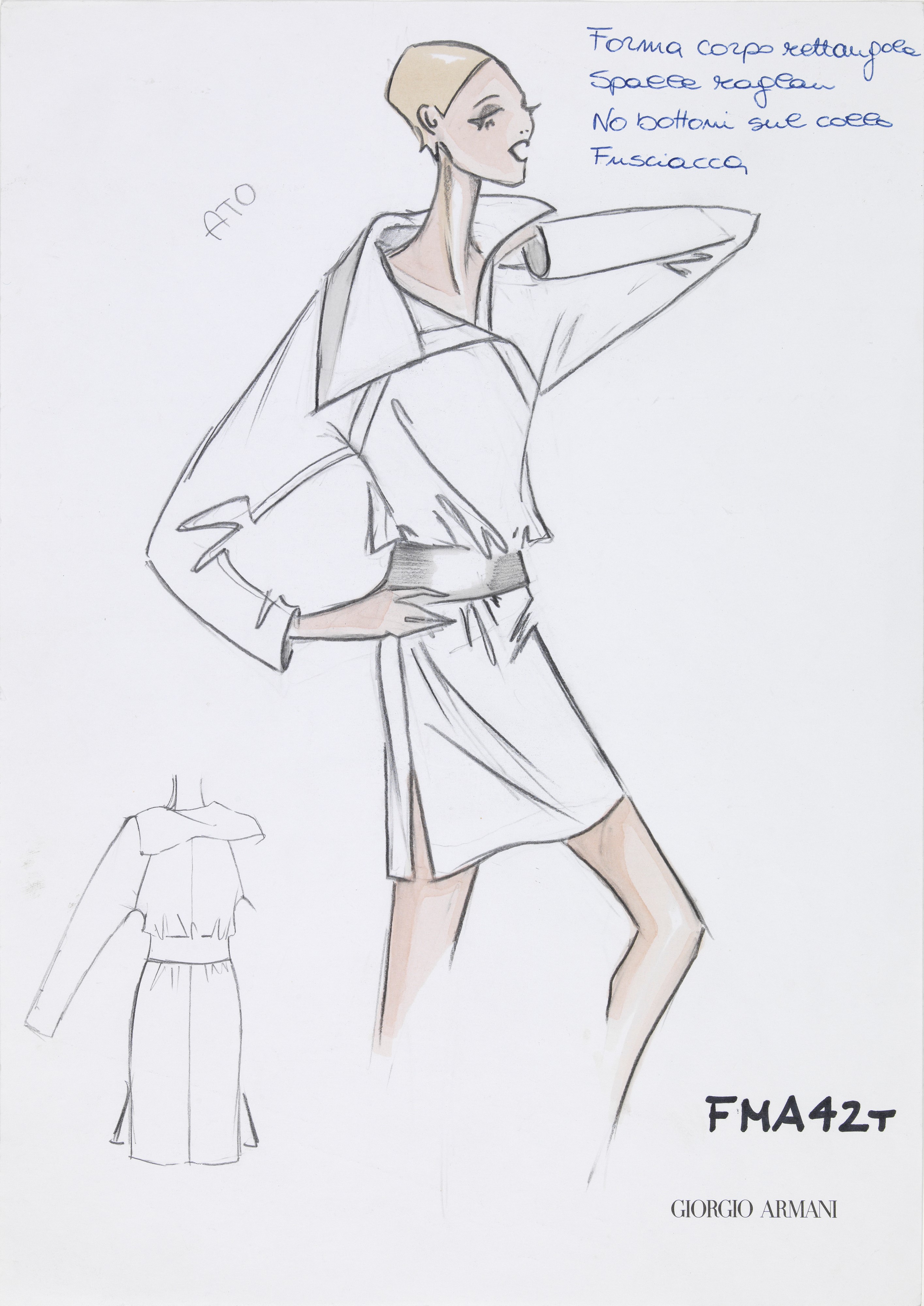 Studio Giorgio Armani - Figurino, matita, china e pennarello su carta intestata (coppia), 2009