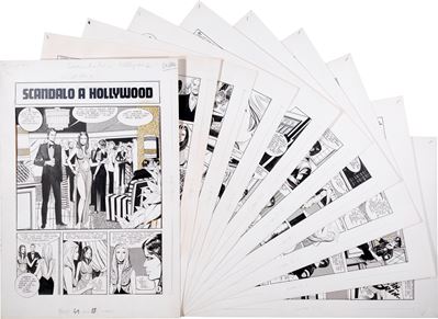 Scandalo a Hollywood (storia a fumetti, 10 tavole originali), matita, china e retino su cartoncin...