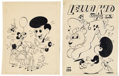 Lello Kid, matita e china su cartoncino (originale di copertina e quarta di copertina), 1957
