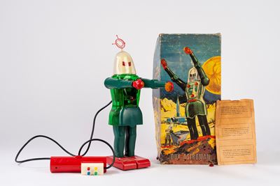 Robot giocattolo “ASTROMAN”, plastica con telecomando, funzionamento a batteria (anni 1950)