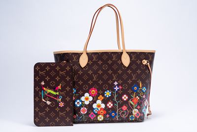 Neverfull LV per Takashi Murakami, borsa in tela con stampa floreale e dettagli in metallo dorato