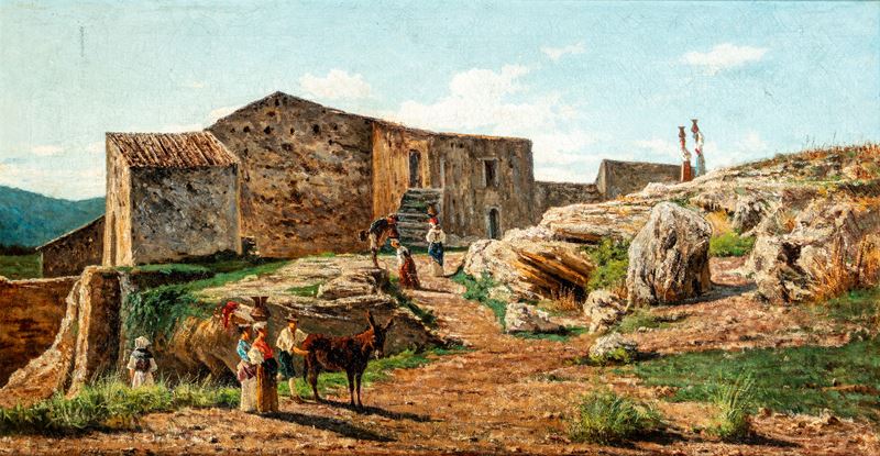 Scuola del Secolo XIX - Paesaggio rurale con pastori, olio su tela