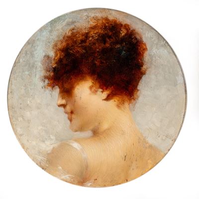 Profilo femminile, olio su tavola tonda