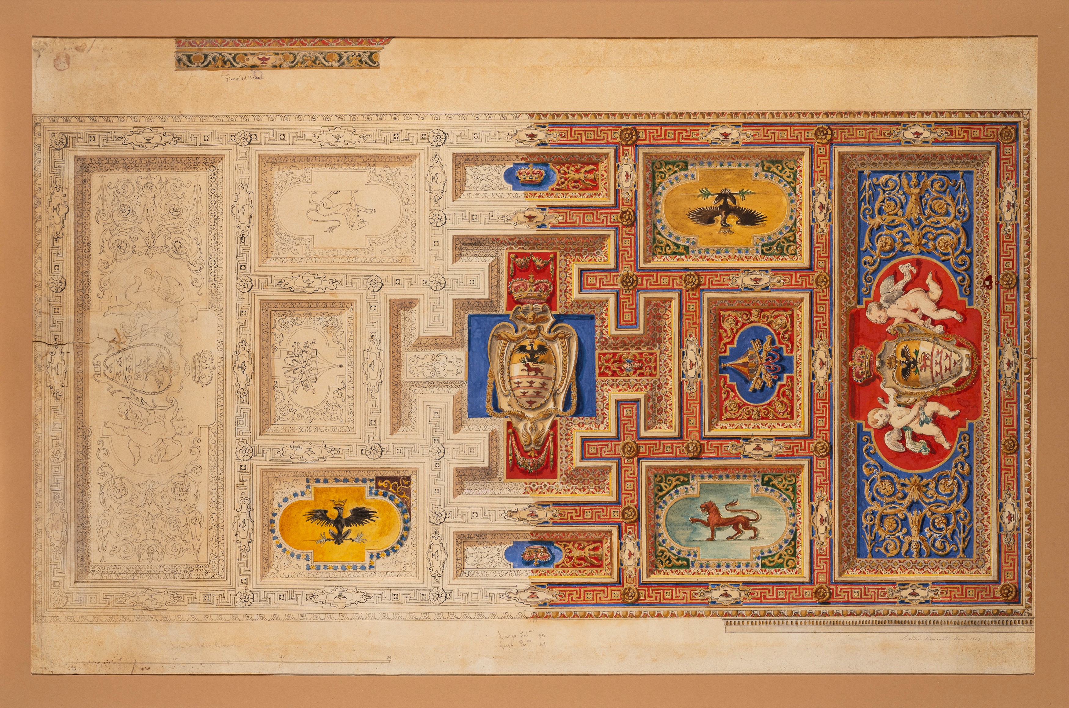 Aristide Benvenuti (scuola Romana del XIX Secolo) - Benvenuti, Studio di soffitto a lacunari con ...