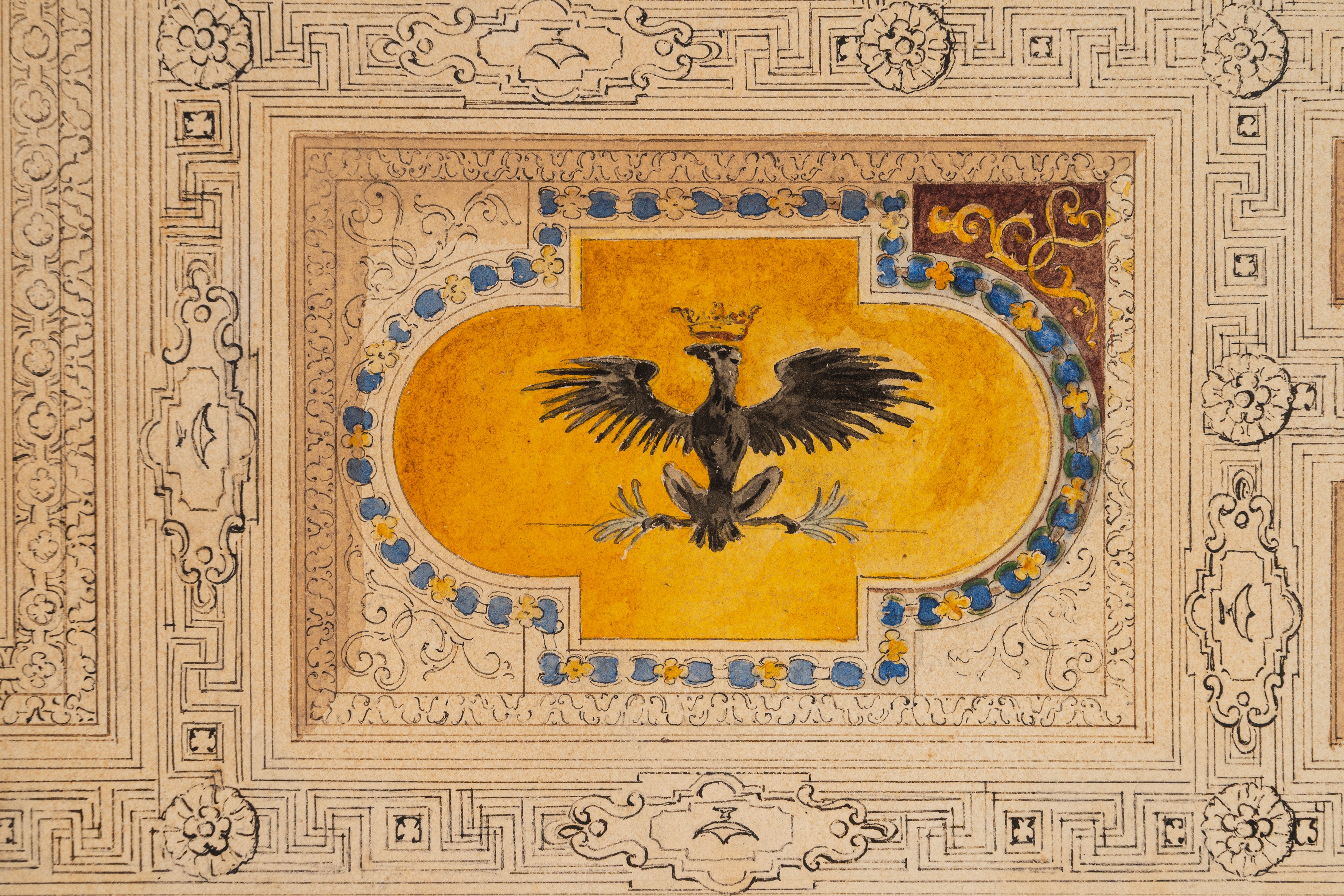 Aristide Benvenuti (scuola Romana del XIX Secolo) - Benvenuti, Studio di soffitto a lacunari con ...
