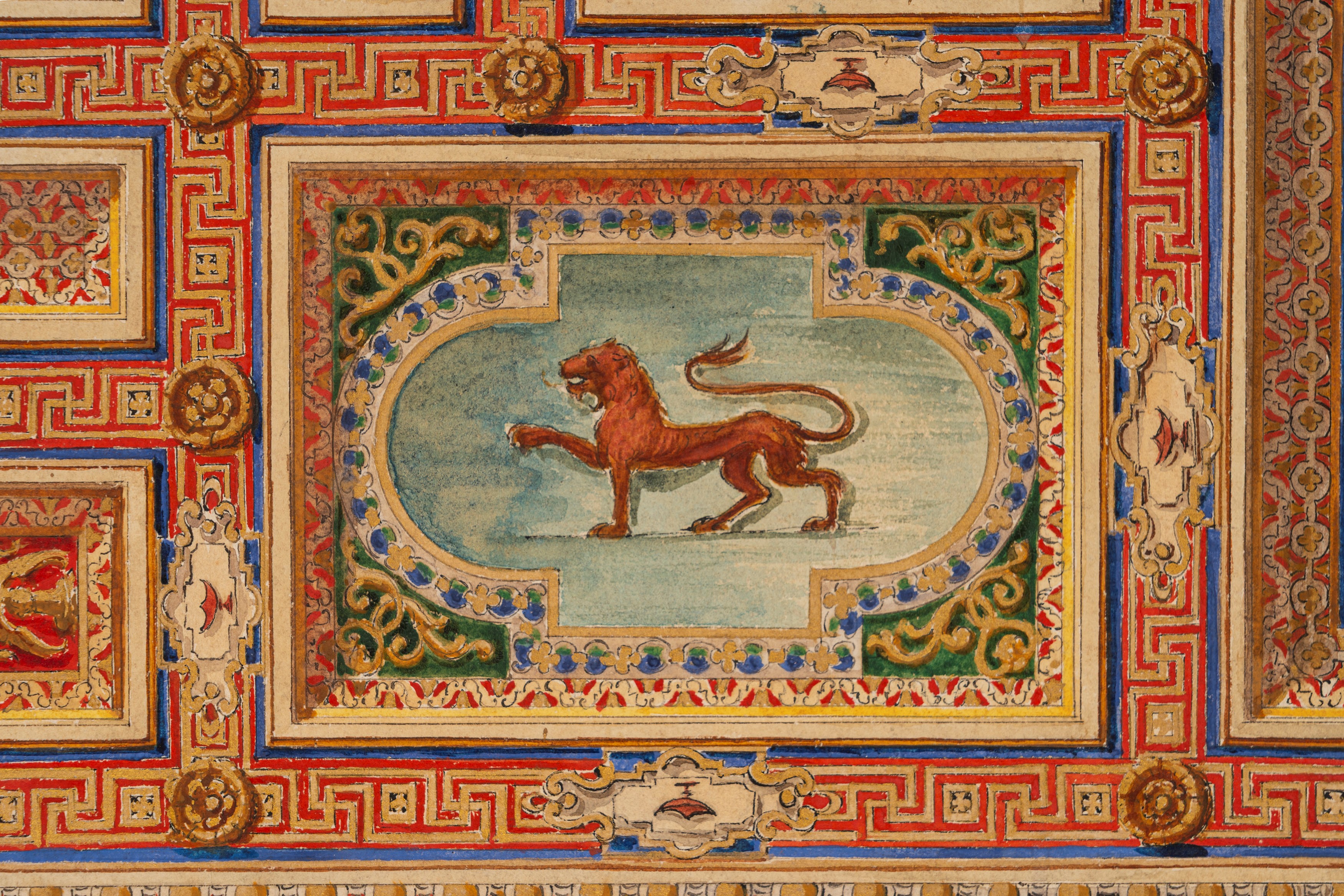 Aristide Benvenuti (scuola Romana del XIX Secolo) - Benvenuti, Studio di soffitto a lacunari con ...