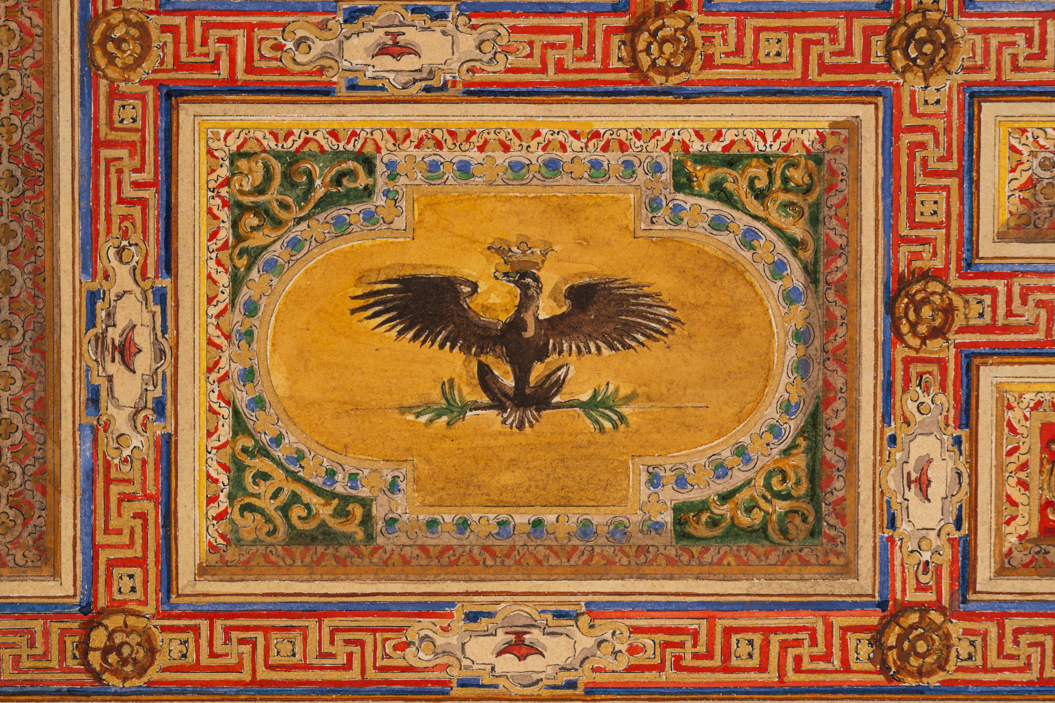 Aristide Benvenuti (scuola Romana del XIX Secolo) - Benvenuti, Studio di soffitto a lacunari con ...