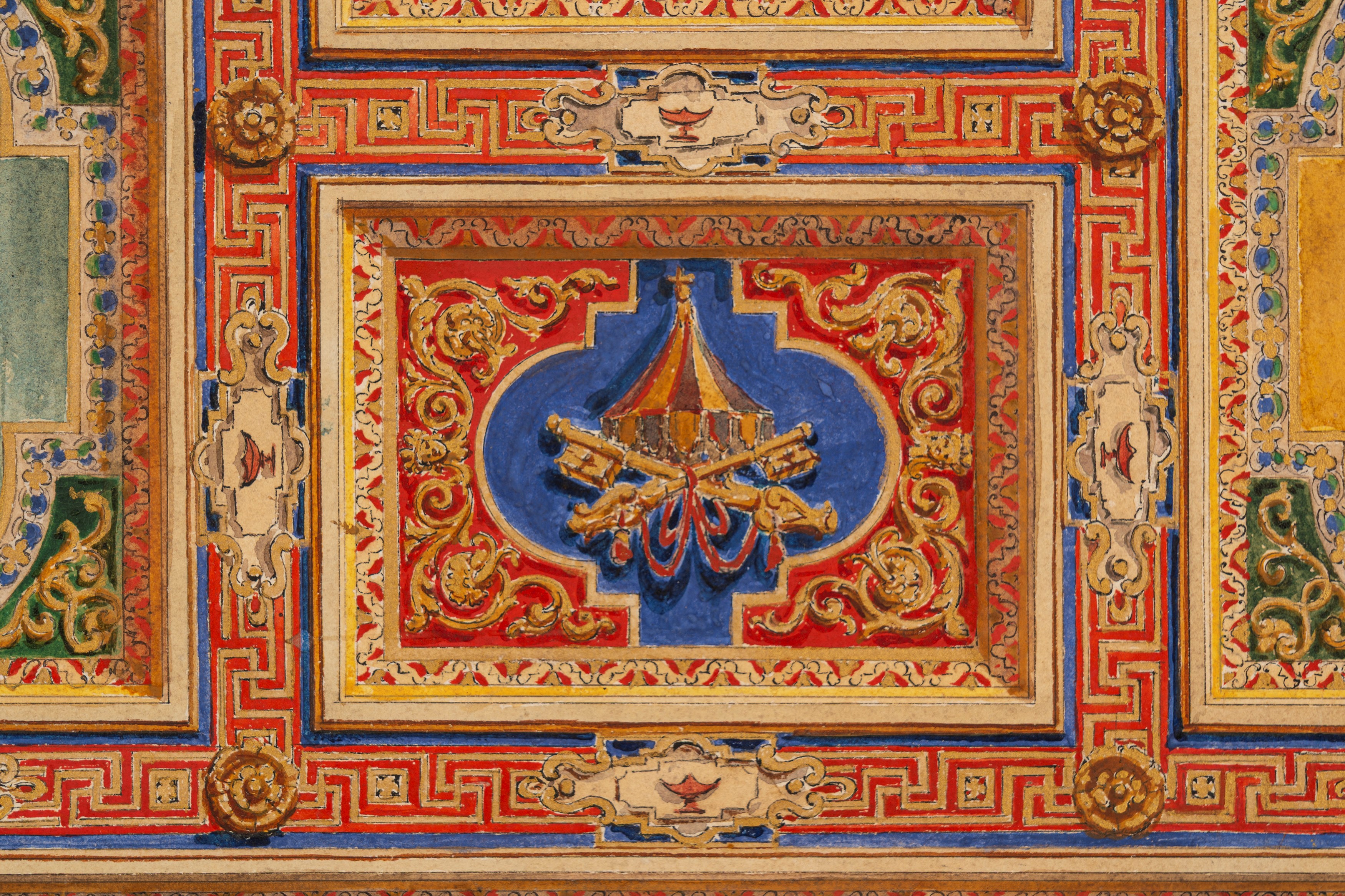 Aristide Benvenuti (scuola Romana del XIX Secolo) - Benvenuti, Studio di soffitto a lacunari con ...