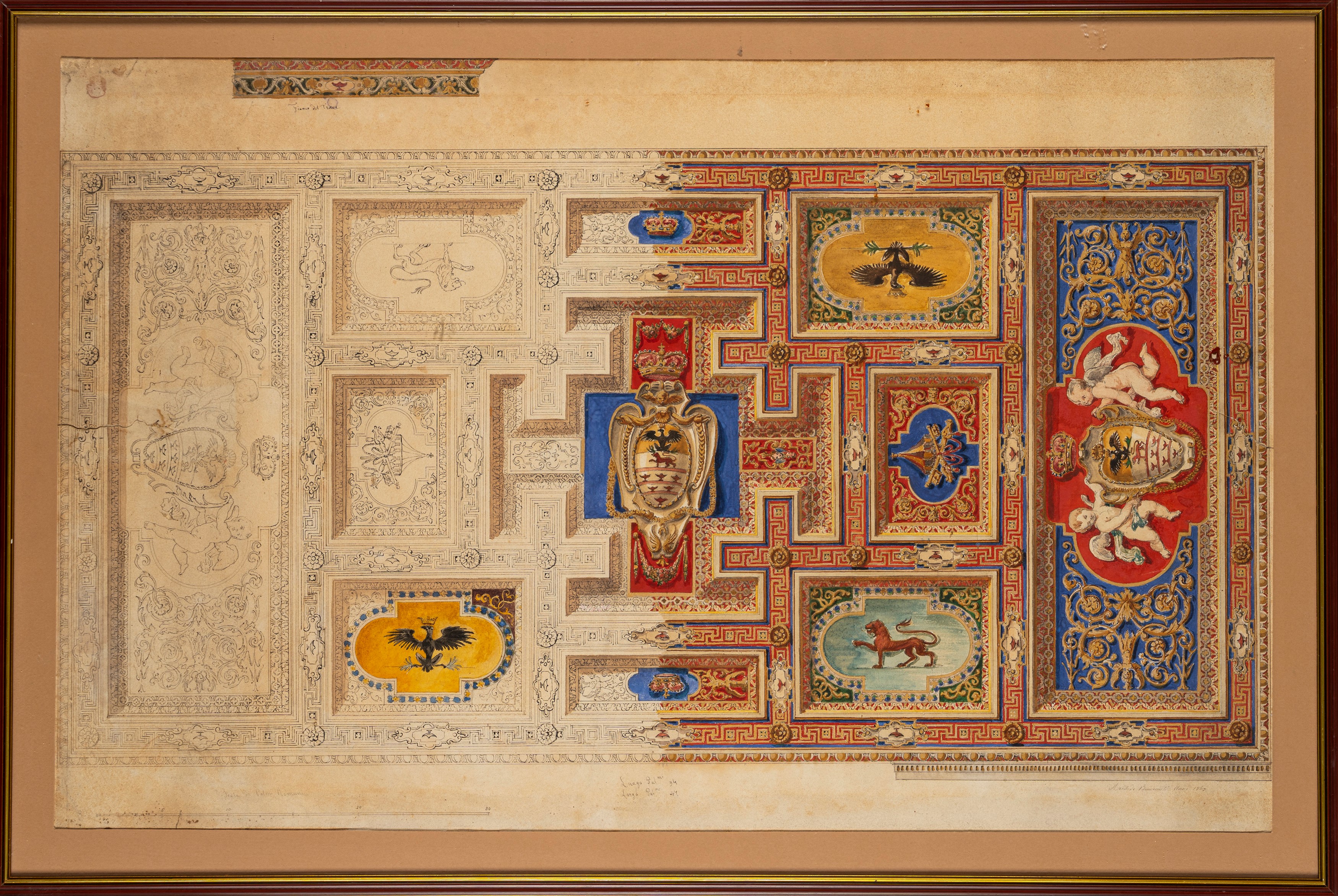Aristide Benvenuti (scuola Romana del XIX Secolo) - Benvenuti, Studio di soffitto a lacunari con ...
