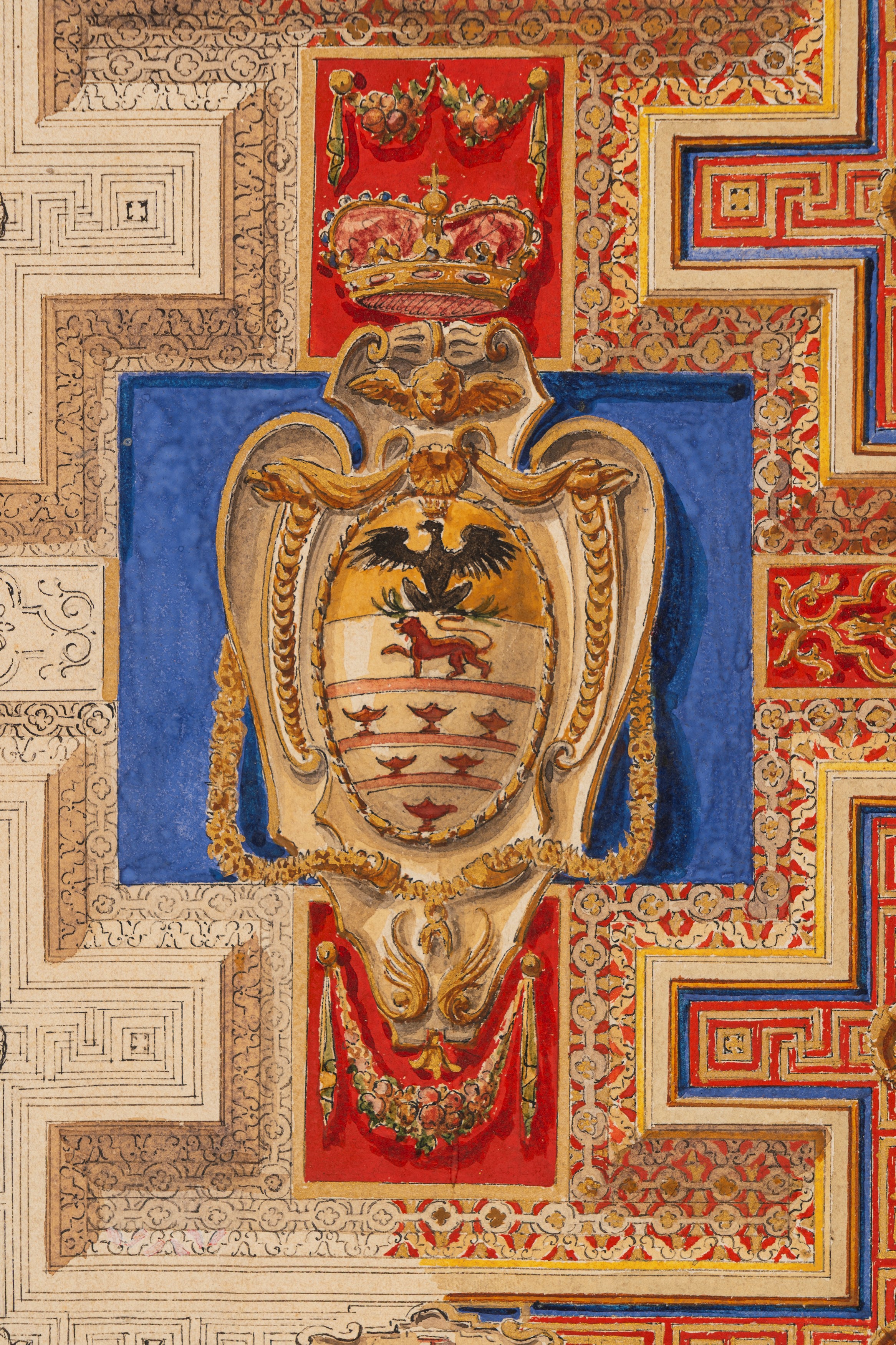 Aristide Benvenuti (scuola Romana del XIX Secolo) - Benvenuti, Studio di soffitto a lacunari con ...