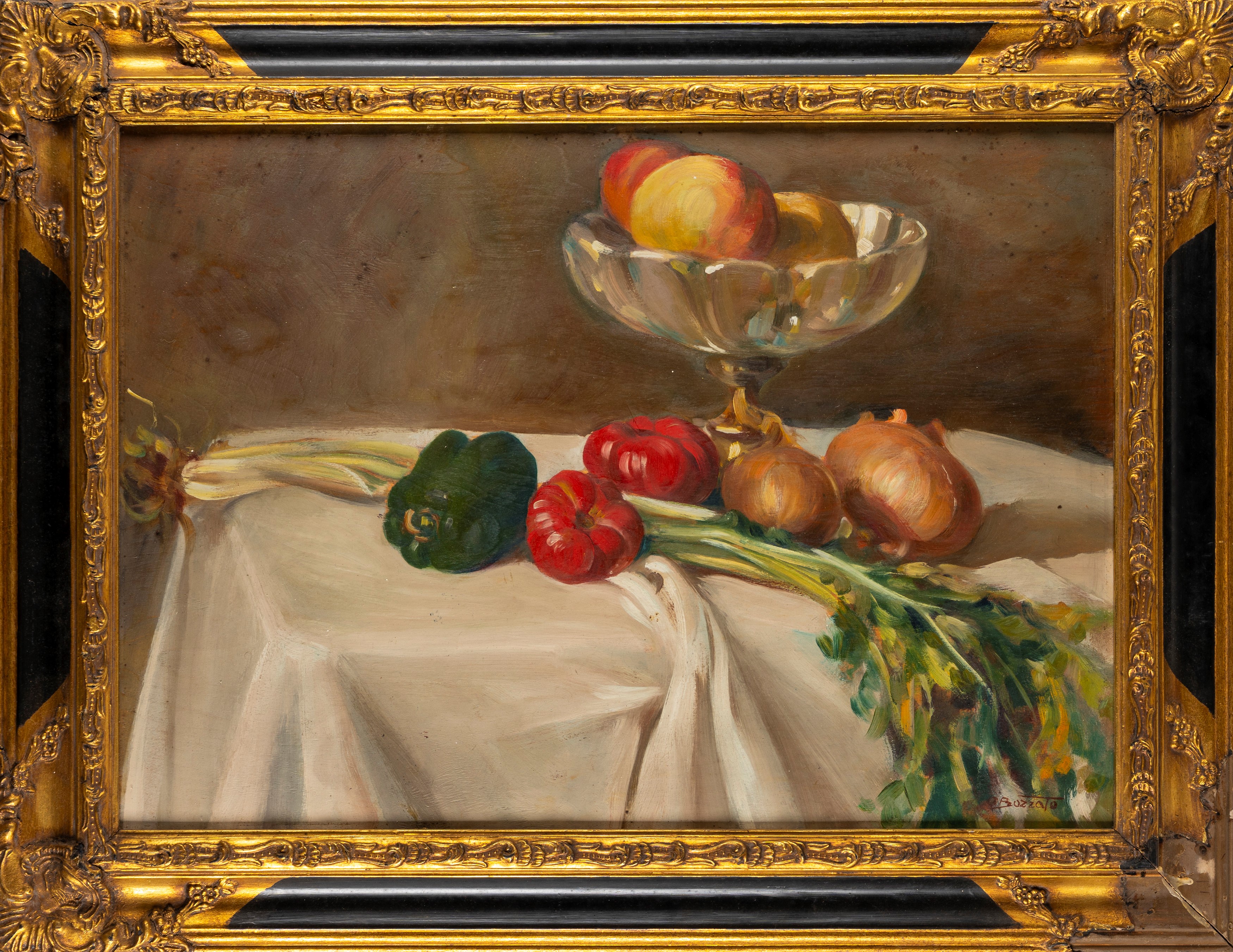 Attilio Achille Bozzato - Natura morta con peperoni, pomodori, sedano, cipolle e mele