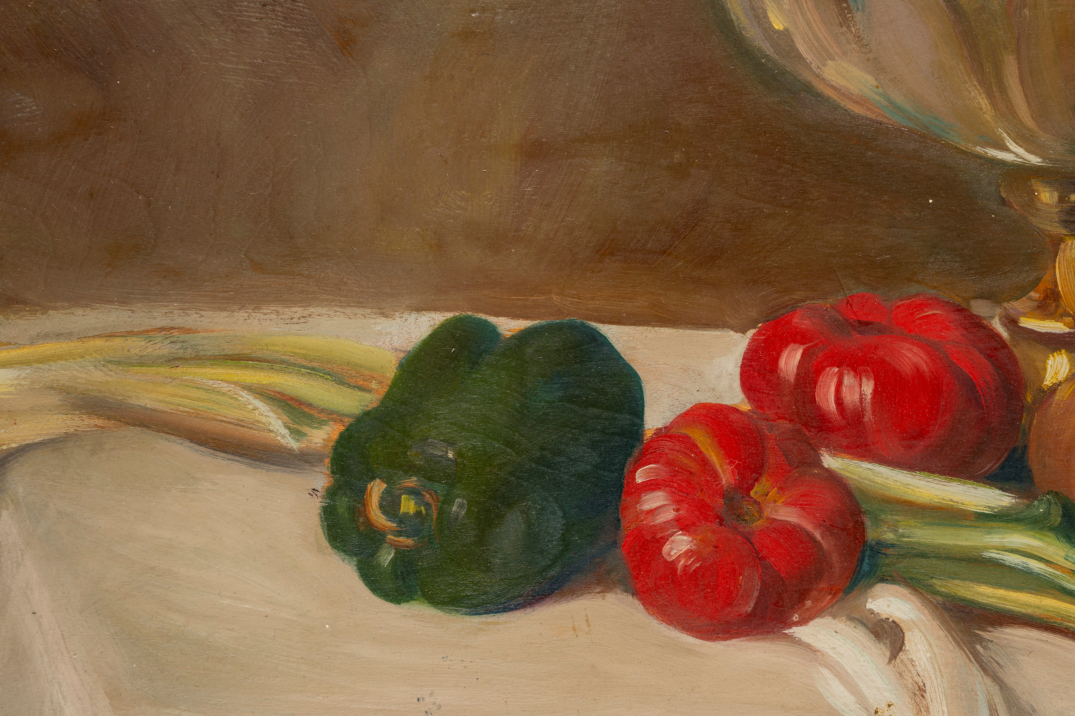 Attilio Achille Bozzato - Natura morta con peperoni, pomodori, sedano, cipolle e mele