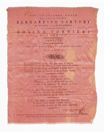 Sonetto per le solenni nozze del Nobil signor Bernardino Sartori e la nobile signora Rosina Torni...